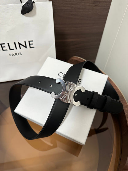 TRIOMPHE BELT 30MM IN BLACK CALFSKIN WITH SILVER BUCKLE