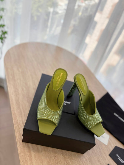 HIGH HEEL BLONDE MULE 10 CM IN OLIVE GREEN SATIN WITH RHINESTONES
