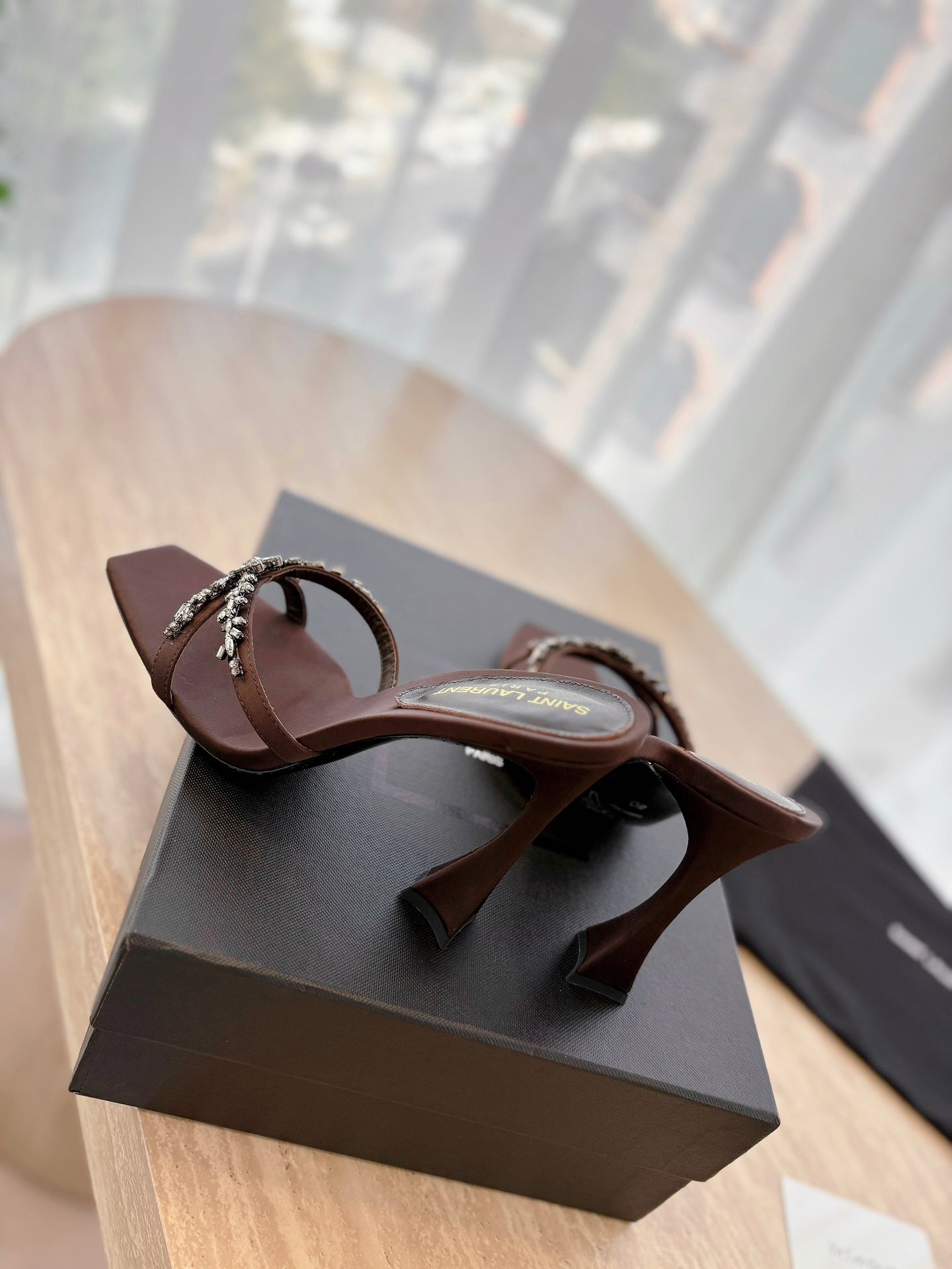 RAV HIGH HEEL 10 CM EMBELLISHED CHOCOLATE BROWN SATIN MULES