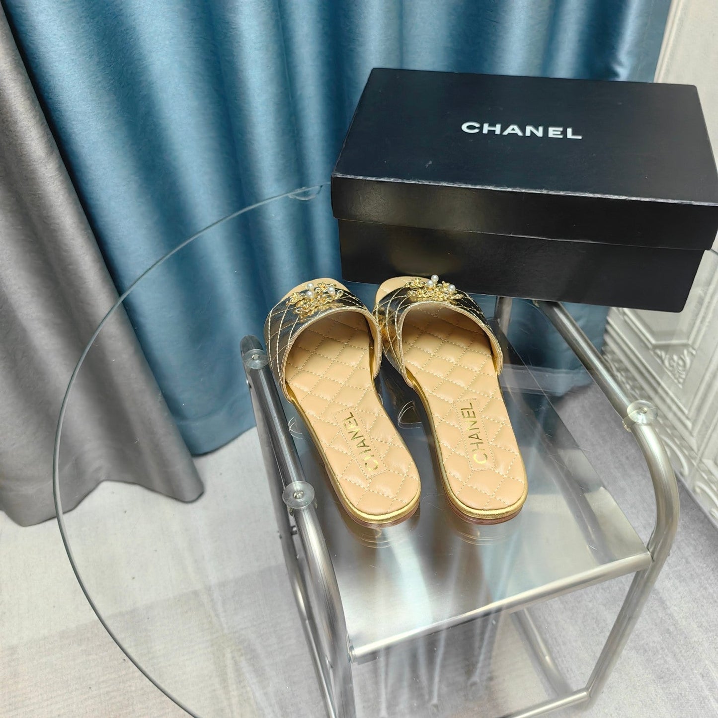 QUILTED SLIPPERS SILVER MIX BEIGE CREAM SHEEPSKIN