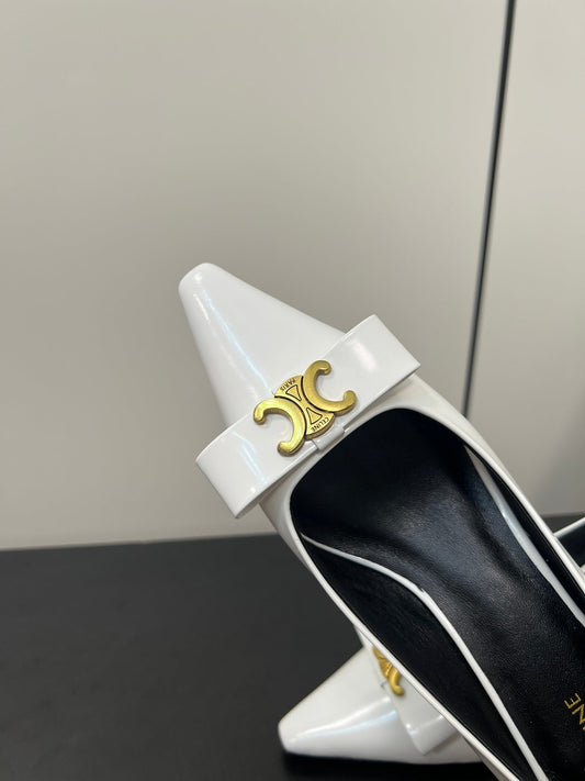 TRIOMPHE POINTED-TOE HIGH PUMPS IN WHITE SHINY CALFSKIN