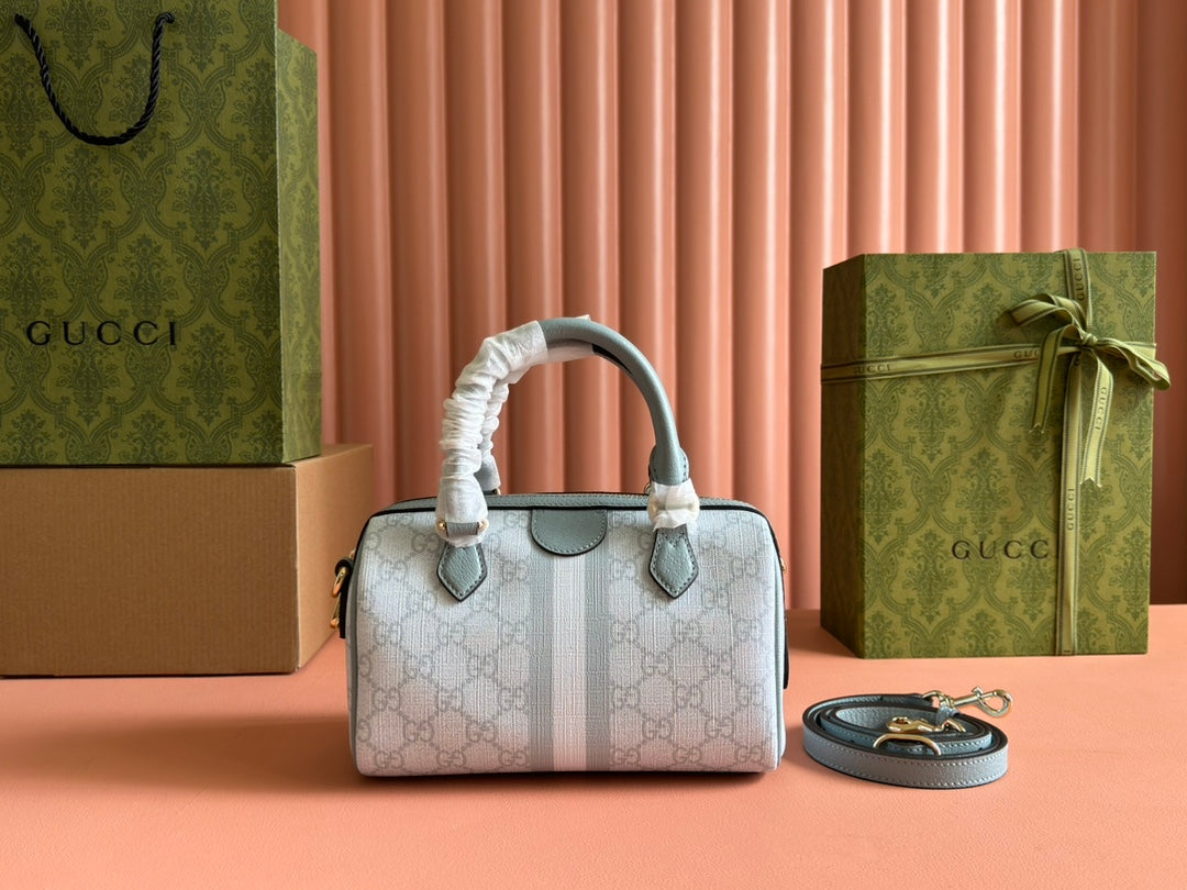 OPHIDIA TOP HANDLE BAG 21 IN GREY-GREEN MONOGRAM CANVAS AND CALFSKIN TRIM GOLD HARDWARE