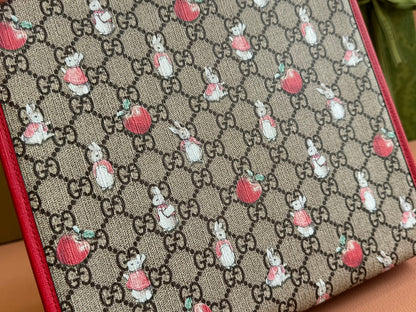 CHILDREN'S PRINTED RABBIT TOTE BAG 28.5 IN BEIGE AND DARK BROWN GG CANVAS RED TRIM