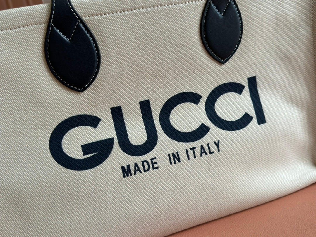 TOTE BAG PRINTED LOGO 41.5 IN WHITE CANVAS DARK BLUE CALFSKIN