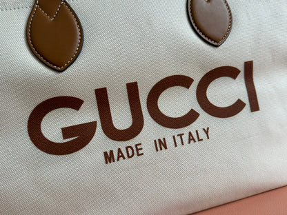 TOTE BAG PRINTED LOGO 41.5 IN BROWN CALFSKIN OFF WHITE CANVAS