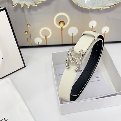 DOUBLE C BELT 30MM IN WHITE CALFSKIN WITH SHINY SILVER BUCKLE