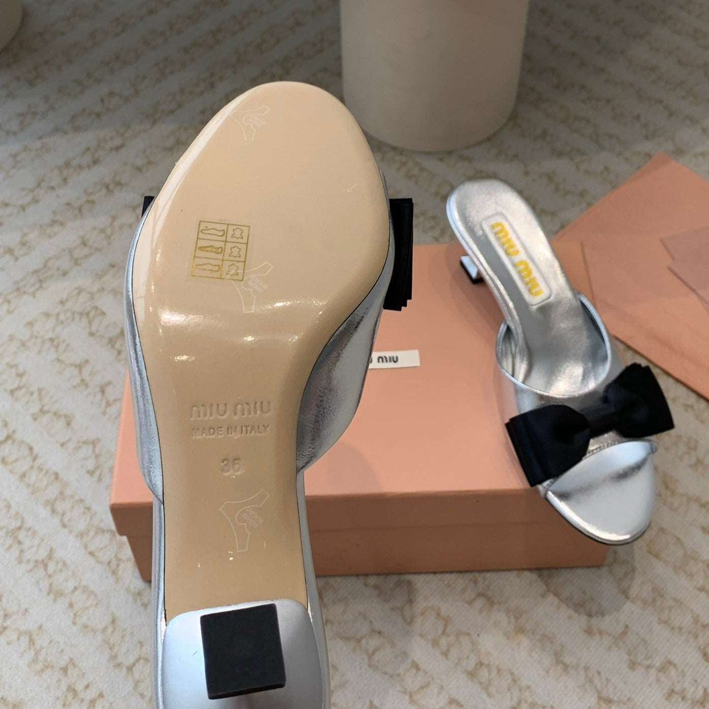 Silver Mid - Heels With Black Bow Calfskin