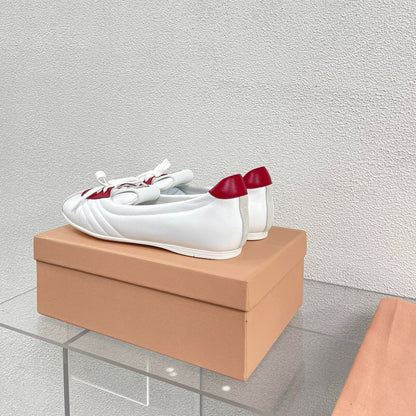 White Leather Ballet Flats With Red