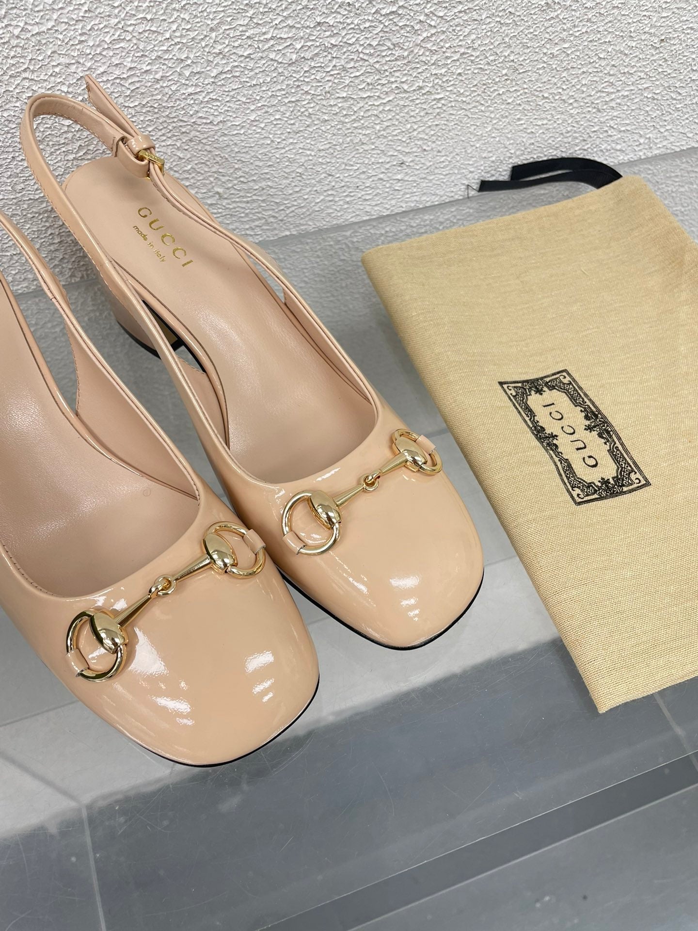 GG WOMEN'S HORSEBIT SLINGBACK 75MM IN TAN BEIGE CALFSKIN