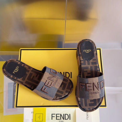 FENDI PLATFORM WEDGES IN CHOCOLATE BROWN FF MONOGRAM FABRIC