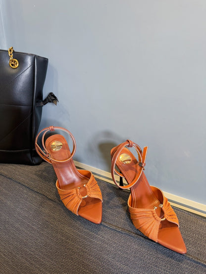 LOLA HIGH SANDALS IN TANGELO ORANGE SMOOTH LAMBSKIN AND DRAPED JERSEY