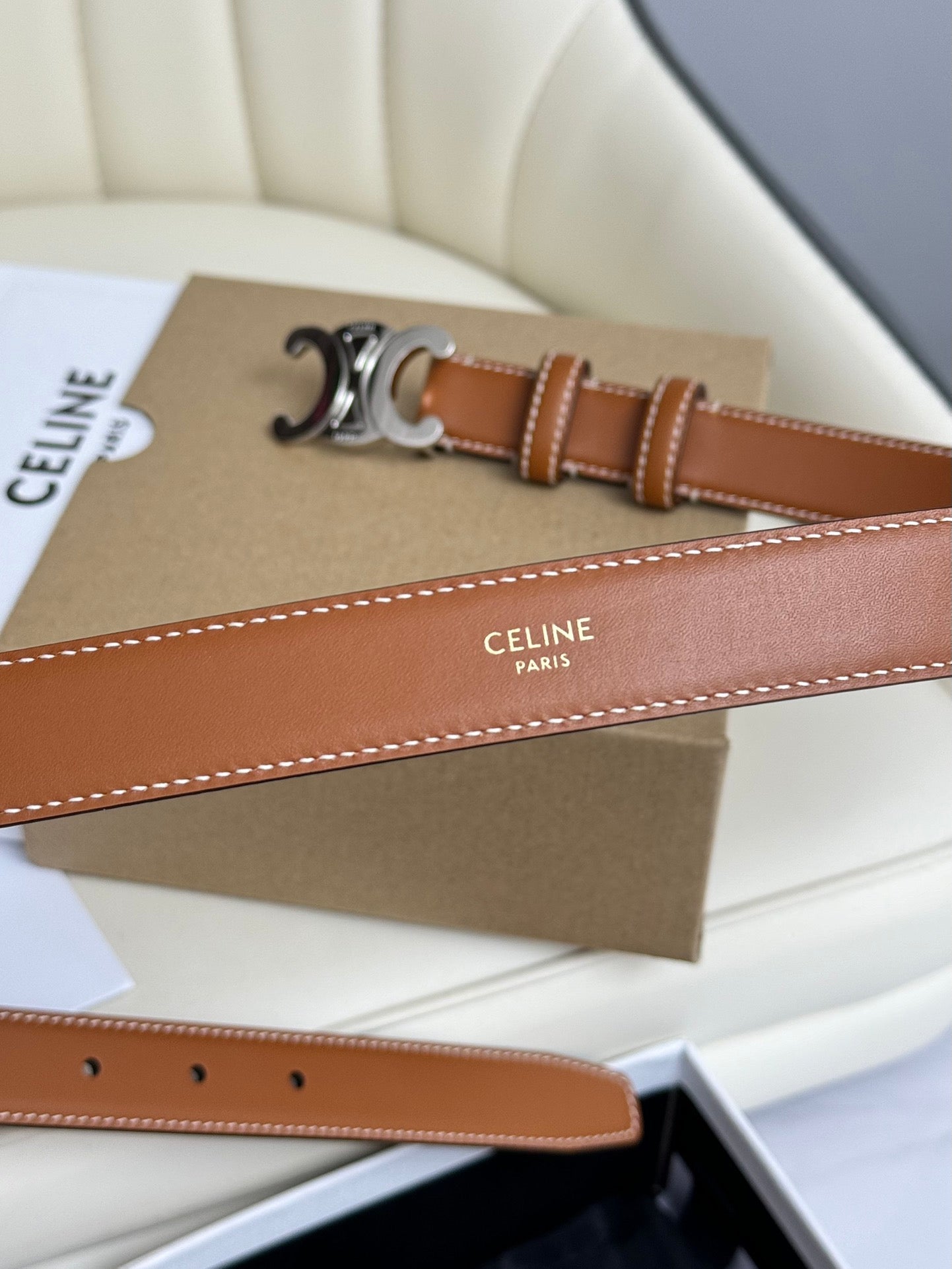 MEDIUM TRIOMPHE BELT 25MM BRONZE BROWN LEATHER SILVER HARDWARE