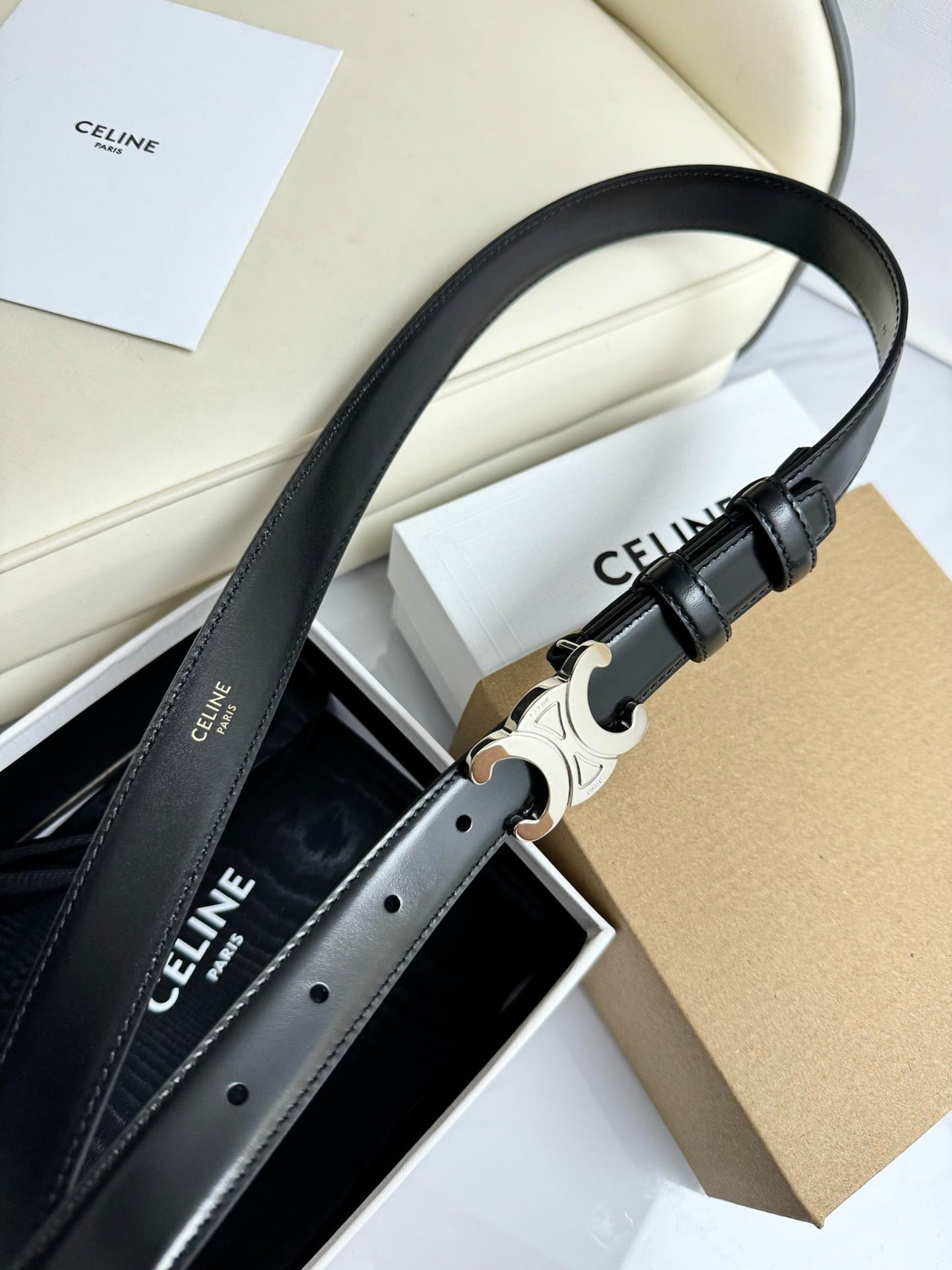 MEDIUM TRIOMPHE BELT 25MM BLACK LEATHER SILVER HARDWARE
