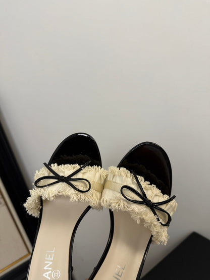 WHITE GROSGRAIN CANVAS BOW MULE SANDALS 90 MM