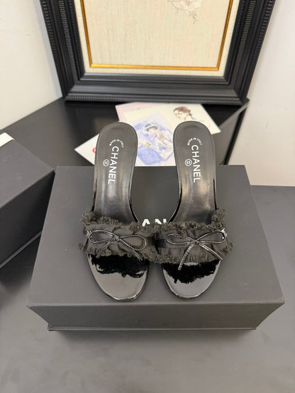 BLACK GROSGRAIN CANVAS BOW MULE SANDALS 90 MM
