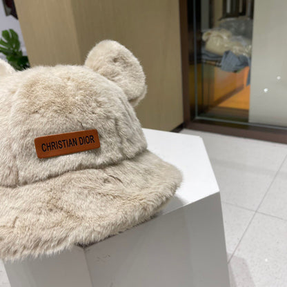 BUCKET HAT WITH CUTE BEAR EARS IN BEIGE MINK FUR 422025