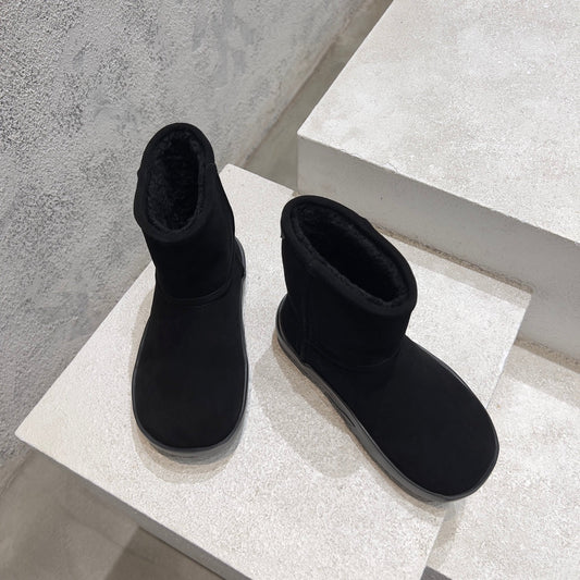 SNAP ANKLE BOOT IN BLACK SUEDE AND SHEARLING LINING