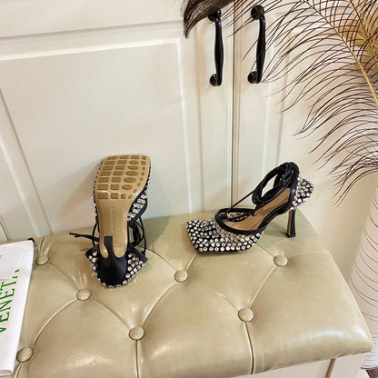 LACE-UP SANDAL IN BLACK METALLIZED MESH AND LEATHER WITH RHINSTONES 9 CM