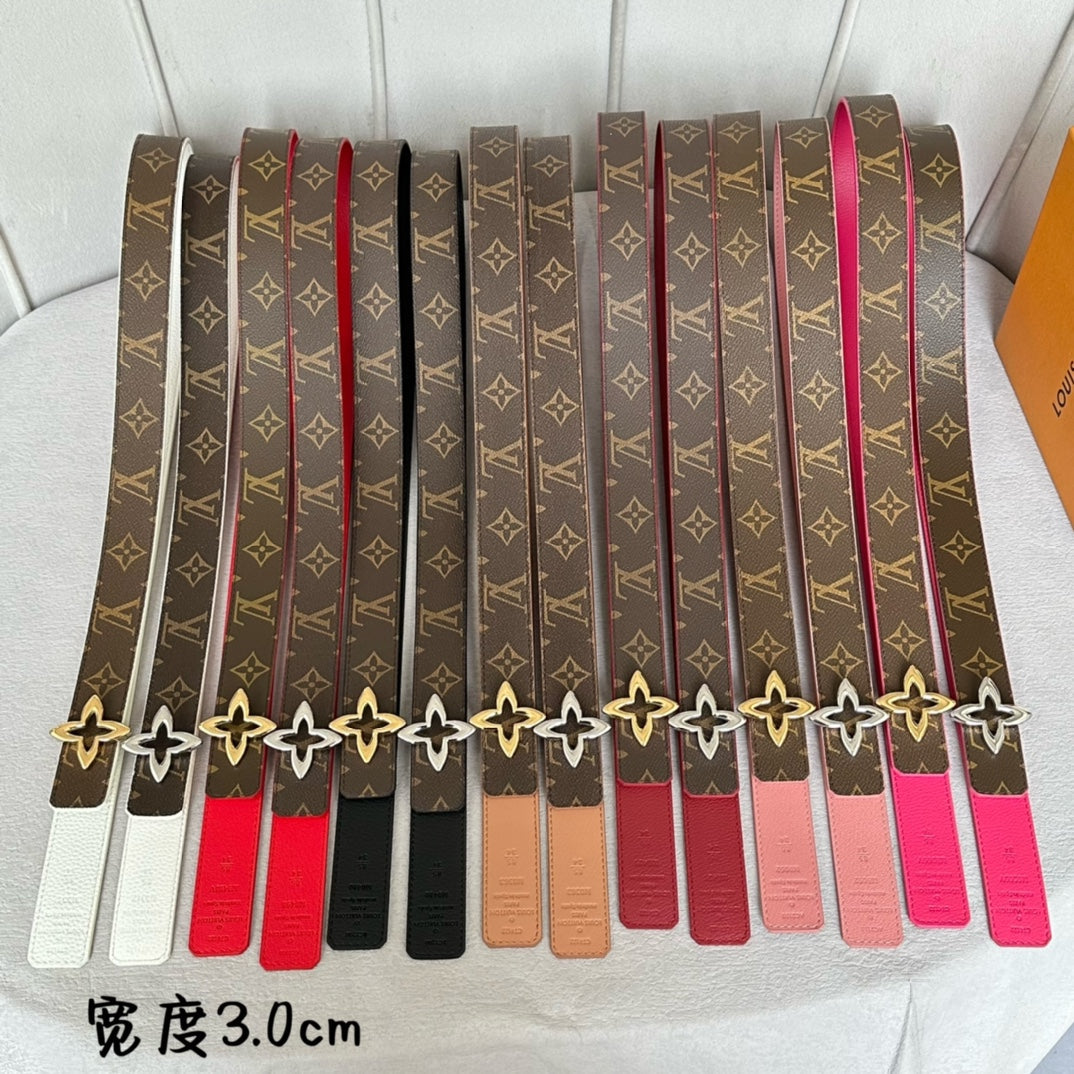 LV  MINI FLOWERGRAM 30MM REVERSIBLE BELT IN CHERRY RED CALFSKIN GOLD HARDWARE