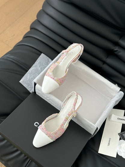 HIGH SLINGBACK IN LIGHT PINK TWEED MIX WHITE LAMBSKIN