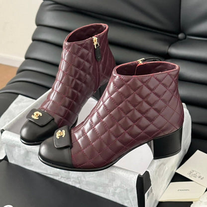 CC BALLET SHORT BOOTS 65 MM IN SANGRIA PURPLE MIX BLACK QUILTED PATTERN LAMBSKIN