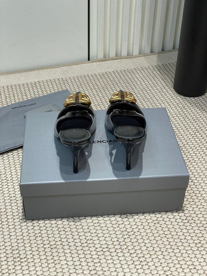 POINTED BB GOLD BUCKLE HIGH SLINGBACK 80MM IN BLACK PATENT CALFSKIN