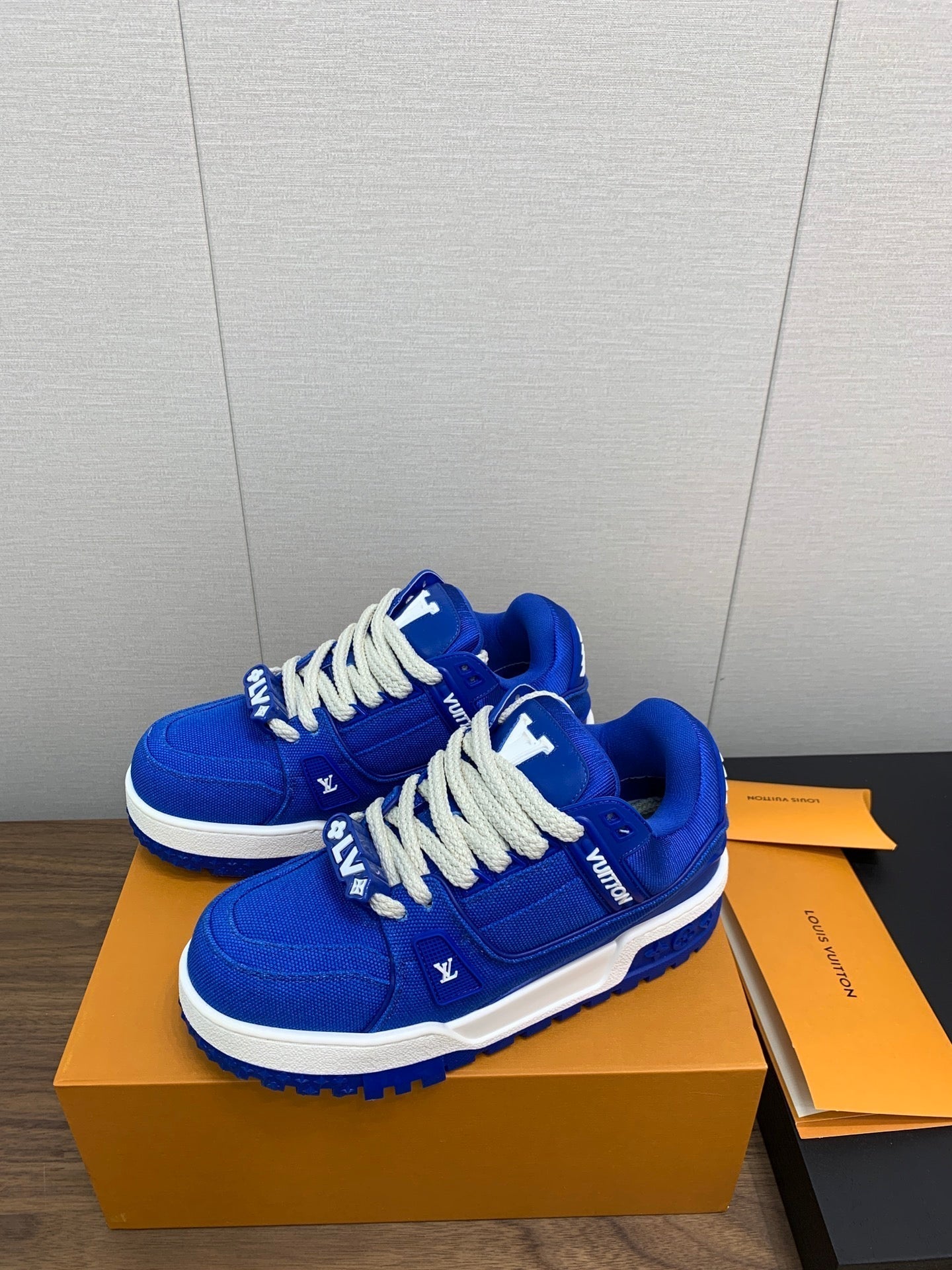 LV WOMEN'S TRAINER IN COBALT BLUE JACQUARD AND CALFSKIN