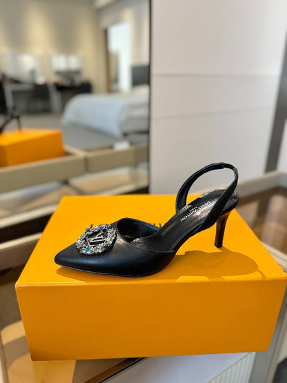 HIGH HEEL 75 MM SLINGBACK IN BLACK CALFSKIN WITH CRYSTAL