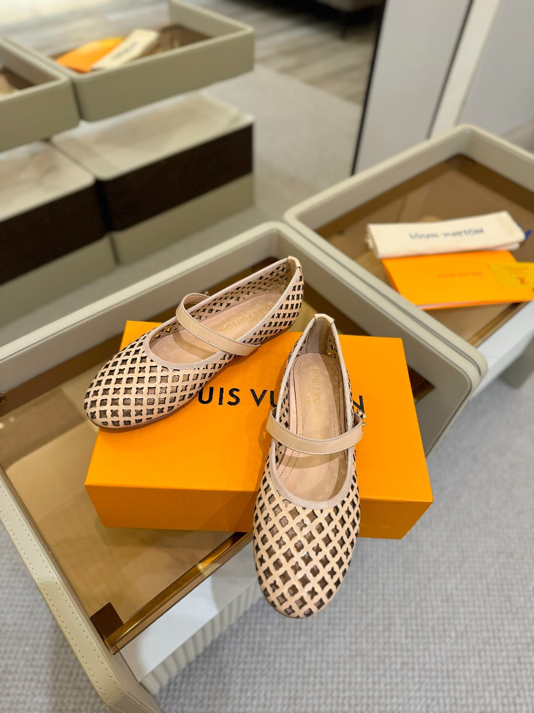 ROMY FLAT BALLERINA IN LIGHT PINK MESH PATENT CALFSKIN