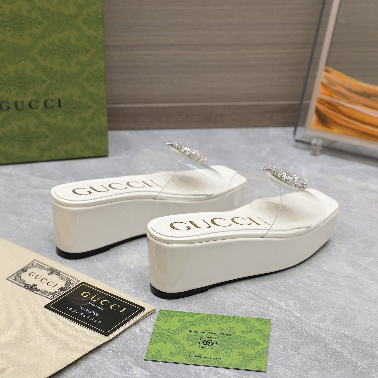 HIGH WEDGE PLATFORM IN WHITE GLOSSY CALFSKIN WITH DOUBLE CRYSTAL G BUCKLE