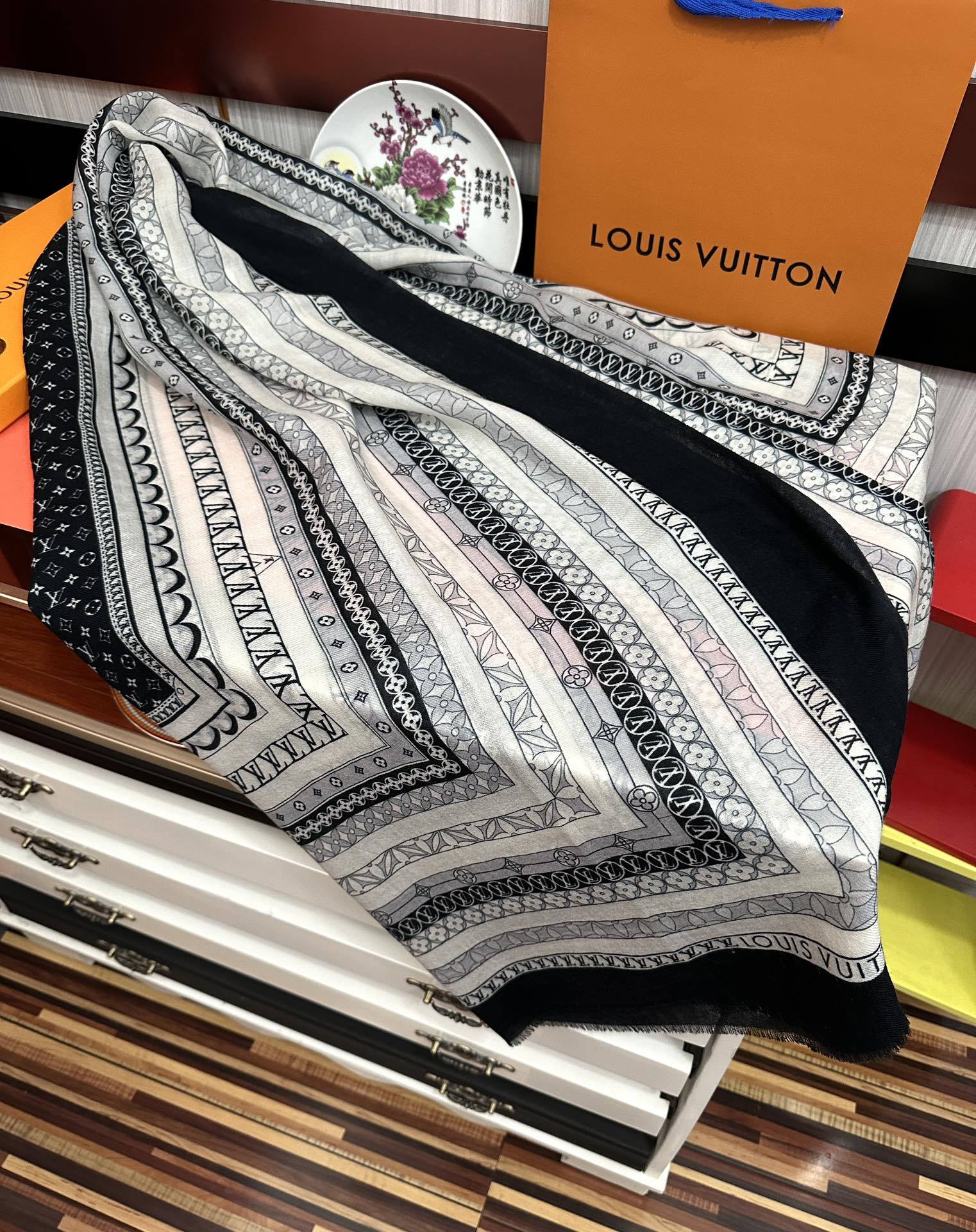 SCARF 200 CM IN BLACK MIX WHITE CASHMERE 394889