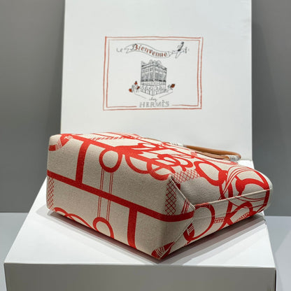 STEEPLE 28 BAG IN OFF-WHITE MIX LIGHT RED CANVAS AND BROWN SWIFT LEATHER