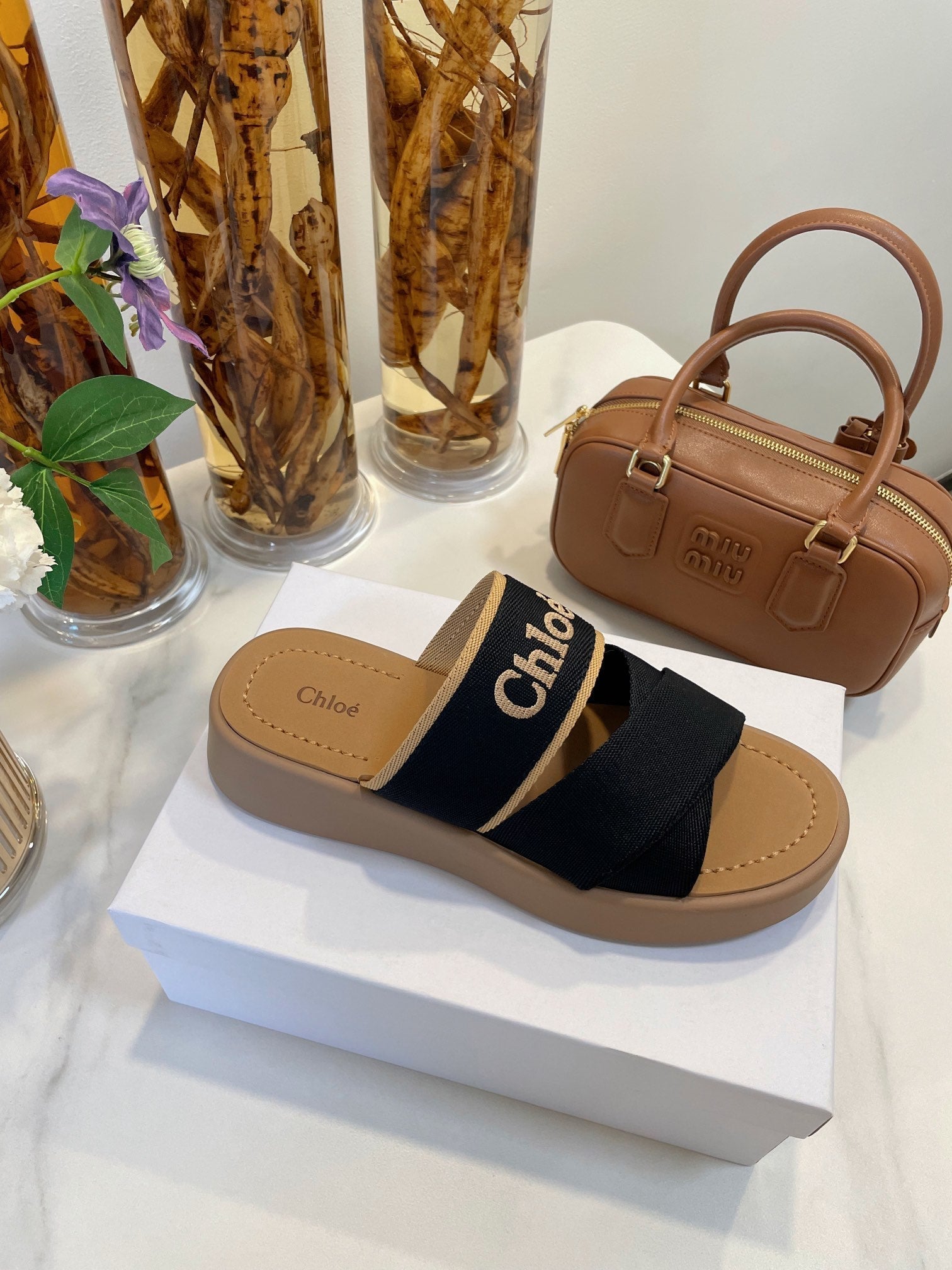 WOODY WEDGE SANDALS IN BLACK CANVAS WITH CIDER BROWN RUBBER SOLE