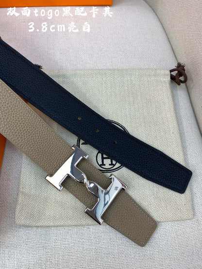 HM H BELT BUCKLE & REVERSIBLE CAMEL BROWN LEATHER STRAP 38MM SILVER HARDWARE