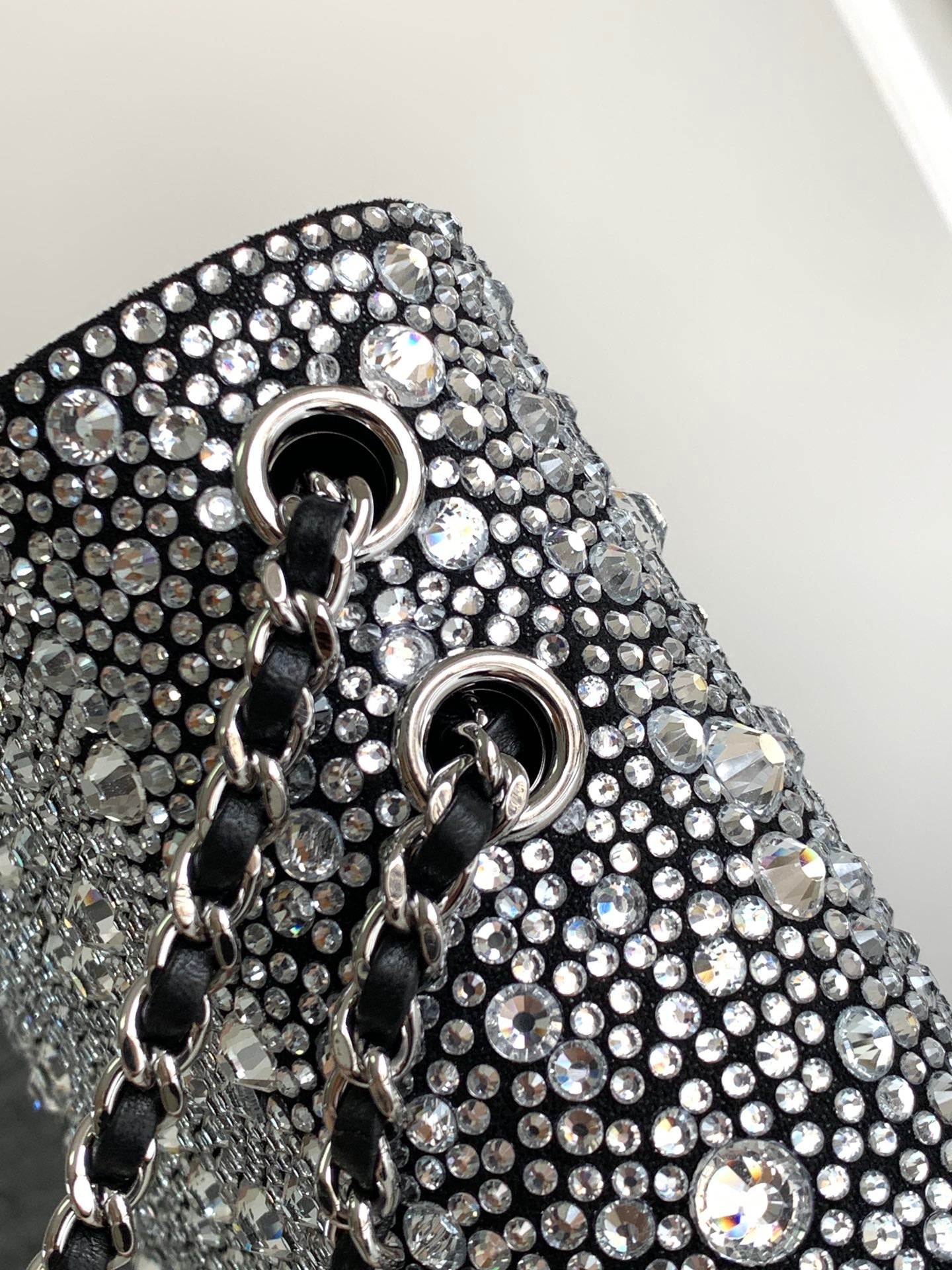 CC MINI 20 FLAP BAG IN SILVER SATIN RHINSTONES EMBELLISHED