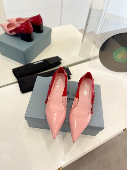 PRA MID - HEELS RED AND LIGHT PINK LAMBSKIN WITH BOW