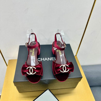 BOWKNOT RHINESTONES MID HEEL SANDAL IN GARNET RED VELVET