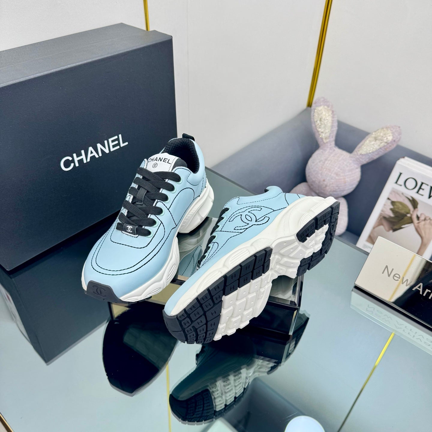 TRAINERS SNEAKER IN LIGHT BLUE CALFSKIN WITH BLACK EMBROIDERED