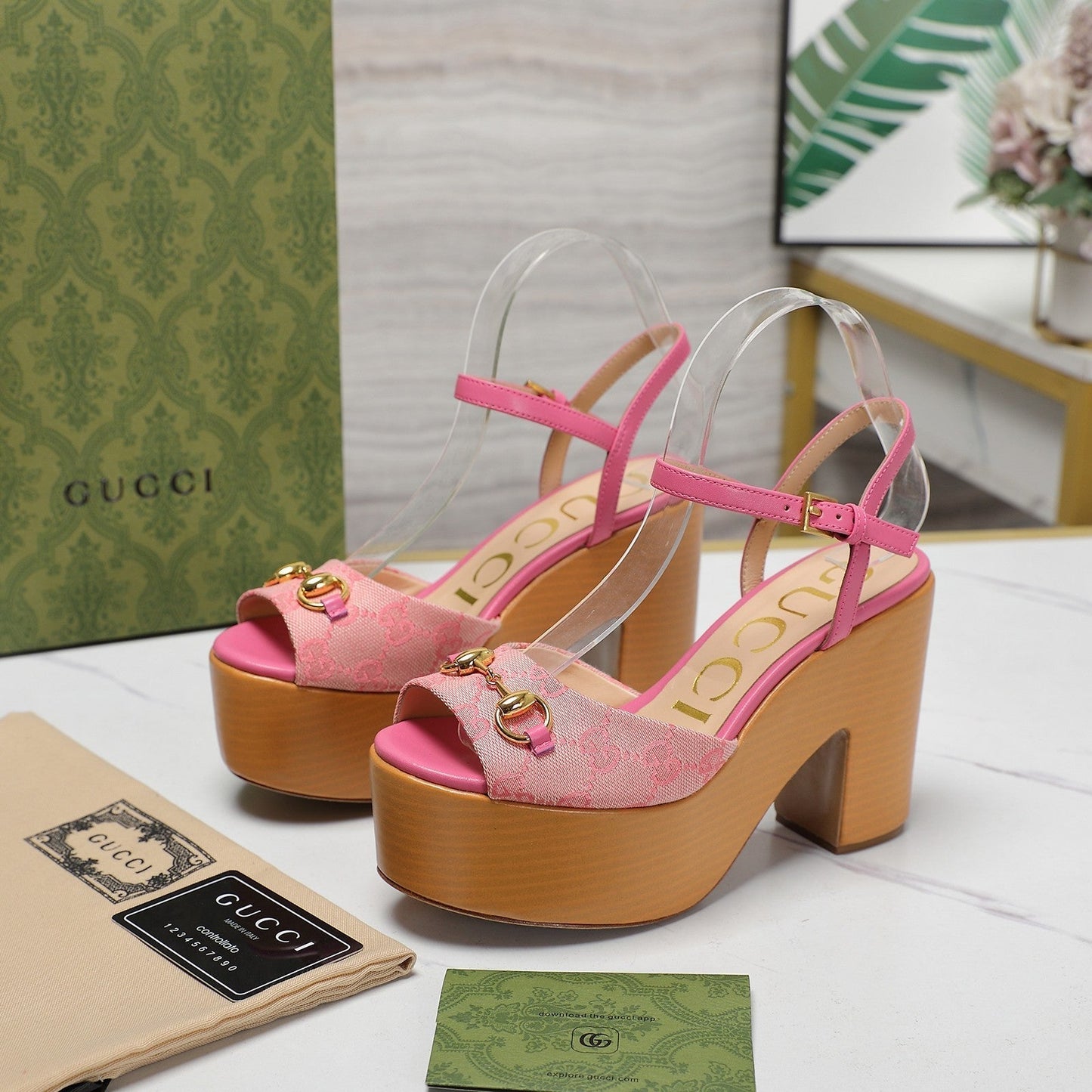 GG HORSEBIT WEDGE SANDAL IN PINK MONOGRAM JACQUARD FABRIC AND SHEEPSKIN LINING