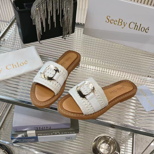WOVEN SLIDE MULE IN WHITE WOOL AND BROWN LAMBSKIN GOLD HARDWARE