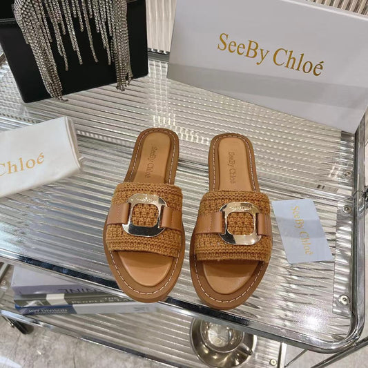 WOVEN SLIDE MULE IN RUSSET BROWN WOOL AND LAMBSKIN GOLD HARDWARE