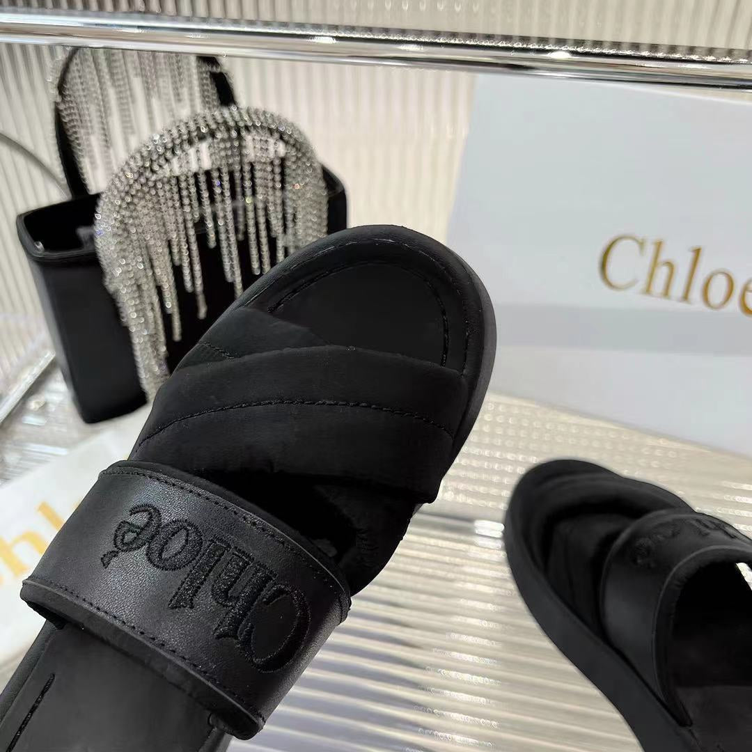 MILA FLAT SLIDES 5 CM IN BLACK CALFSKIN AND RE-NYLON