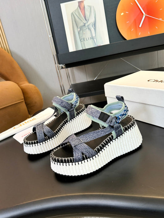 NAMA WEDGE SANDALS IN GREY FABRIC AND WHITE RUBBER