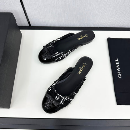 BOW MULE IN BLACK MIX WHITE FUR AND CALFSKIN